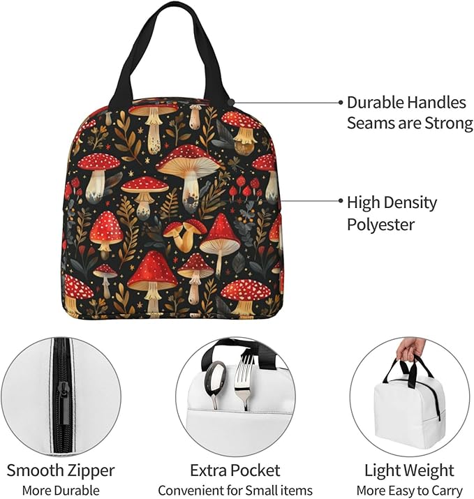 Mushroom Lunch Box Vintage Mushroom Leaf Forest Insulated Lunch Bag for Kids Women Men Reusable Cooler Botanic Lunch Tote Bag with Front Pocket for Girls Boys Students School Picnic Travel Office