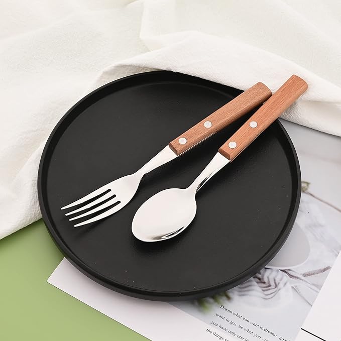 Silver Flatware Set with Natural Wood Handle, 24 PCS Silverware Set for 6, Premium 18/8 (304) Stainless Steel Cutlery Set, Forks Spoons and Knives Set for Home/Camping/Travel, Mirror Finish