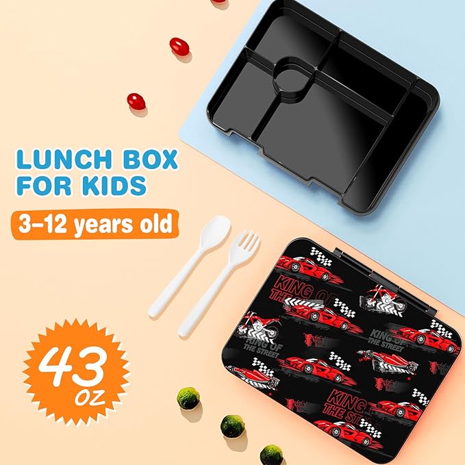 Luminous Boys Backpack - Racing Car Bento Box with Insulated Lunch Bag Pencil Case & Utensils Set for Kids, 6 Leakproof Compartments Removable Tray Lunches or Snack Container (Racing Car)