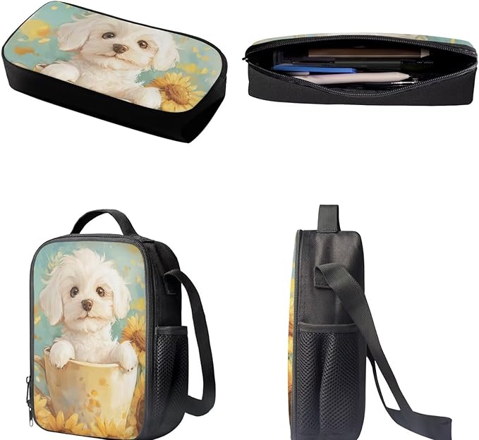Dolyues Sunflower Cup Dog Girls Backpack Bundle: 17 Inch Children’s Backpack, Double Compartment Lunch Bag & Shimmer Pencil Case - Washable & Scratch-Resistant