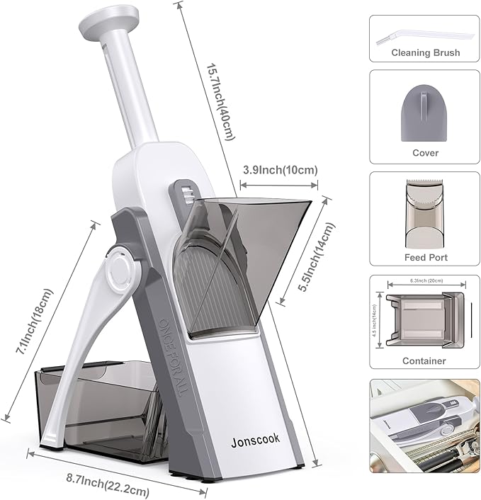 Safe Mandoline Slicer for Kitchen, Adjustable Thickness 0.1-8 mm, 5 in 1 Multi Vegetable Chopper, Potato Slicer, Food Chopper French Fry Cutte, with Paring Knife/Cleaning Brush, Mandolin (LightGrey)