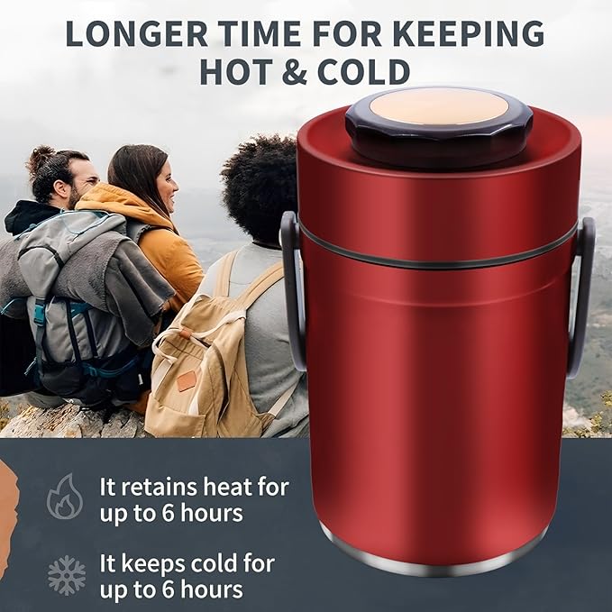 67oz Thermos for Hot Food,3-Layer Sealed Stackable Food Thermos,with Lunch Bag Soup Thermos Wide Mouth,It Is Suitable for Daily Office Meals, and Outdoor Meals (Red)
