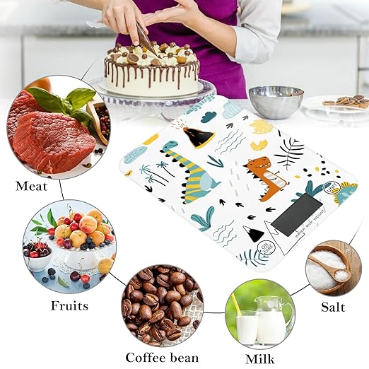 Food Scale Kitchen Digital Scale Food Ounces and Grams Dieting Baking Cooking Waterproof Glass Panels LCD Display,4 Units Scale Tare Function Cute Dinosaur