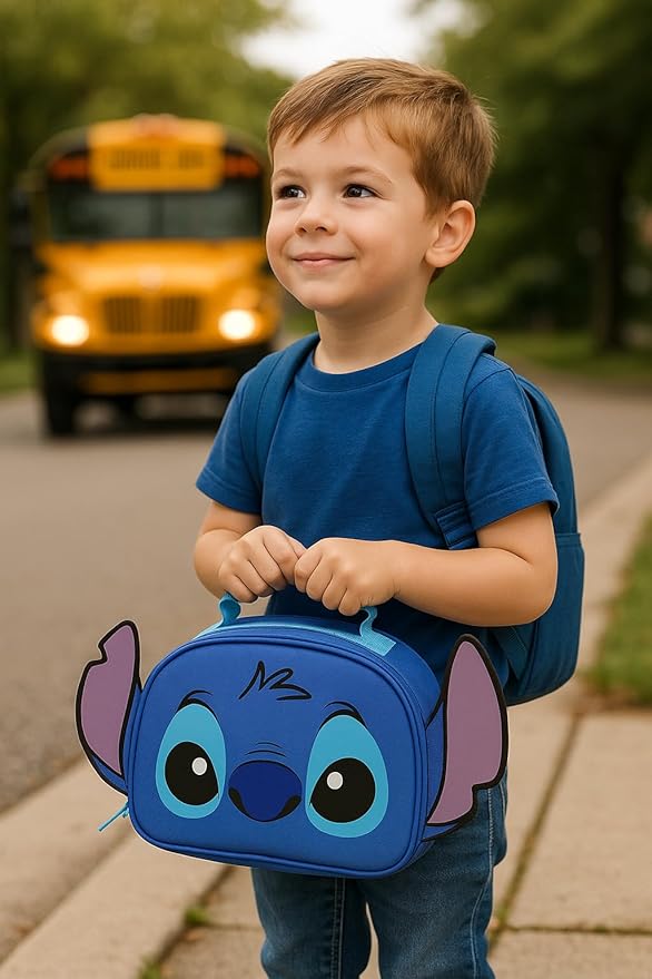 Disney Lilo and Stitch Lunch Box for Kids | PU Leather Insulated Lunch Bag Lunch Box for Girls, Boys, Unisex, Toddlers | Stitch Blue Reusable Lunchbox