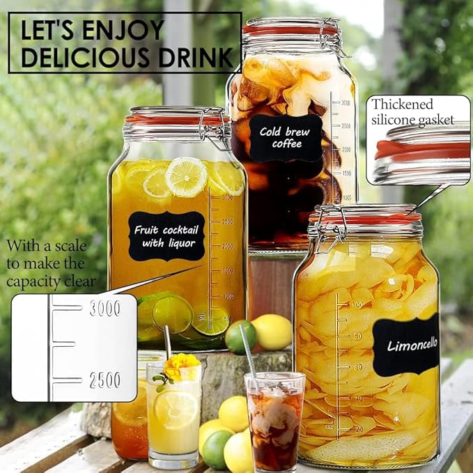 Super Wide-Mouth Glass Jars with Hinged Lids, 1-Gallon (4100 ML) Leak Proof Glass Canning Jars with Airtight Lids and 2 Measurement Marks. Large Capacity, Sturdy For Canning, Overnight Oats, 2-Pack