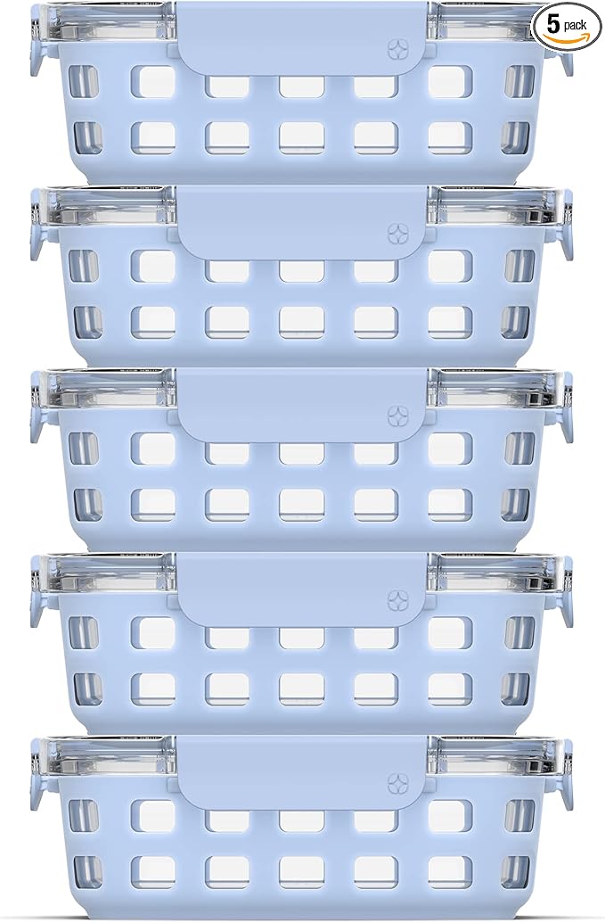 Ello Duraglass 3.4 Cup Meal Prep Sets 10Pc, 5 Pack Set- Glass Food Storage Container with Silicone Sleeve and Airtight BPA-Free Plastic Lids, Dishwasher, Microwave, and Freezer Safe, Halogen Blue