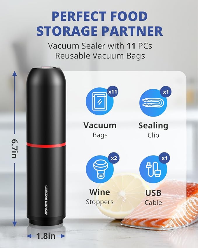 AIRMSEN Handheld Vacuum Sealer for Food Preservation & Storage, Portable Mini Vacuum Sealer with 11 PCS Reusable Sous Vide Bags and 2 PCS Vacuum Wine Sealer