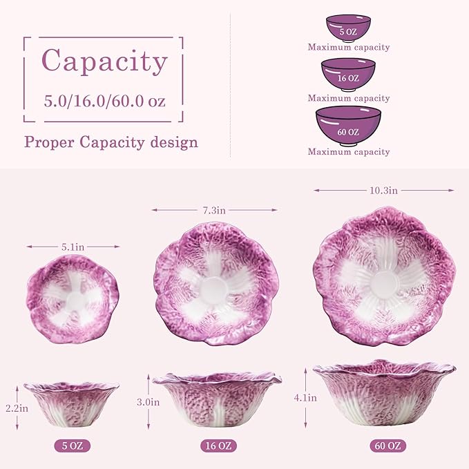KXZ Ceramic Mixing Bowls Set, Nesting Bowls Set of 3 For Kitchen - 60oz, 16oz, 5oz Prep Serving Bowl Set for Entertaining, Baking and Mixing Salad, purple