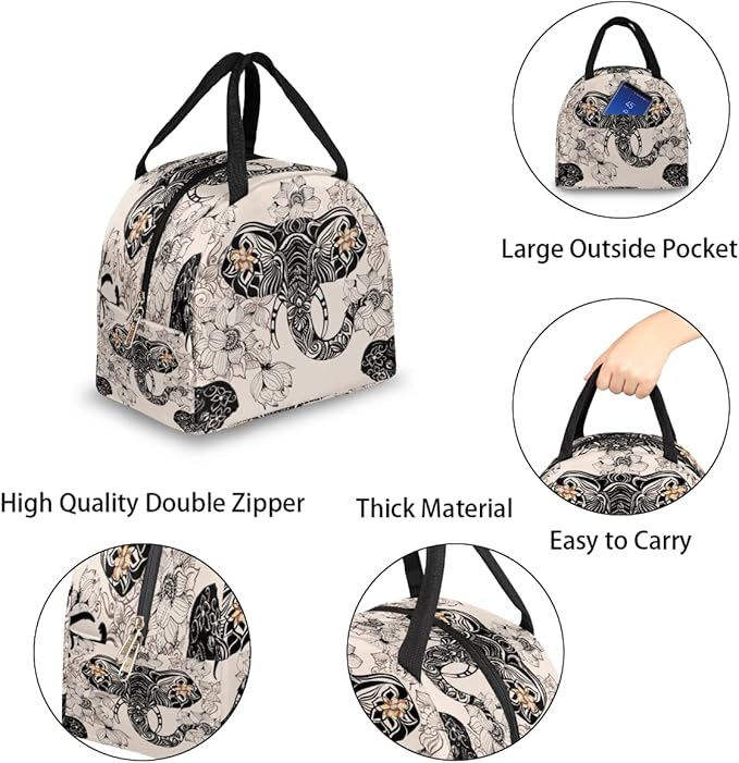 Insulated Lunch Bag for Women Men Elephant Ethnic Flower Waterproof Thermal Tote Bag Reusable Lunch Box Container Lunch Holder Leakproof Lunch Cooler Bag Picnic Travel Work