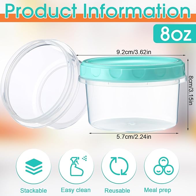 Sieral 36 Pack 8 oz/ 250 ml Freezer Containers with Lids Plastic Twist Top Deli Jars Reusable Freezer Storage Containers for Food Round Wide Mouth Lunch Snacks (Turquoise)