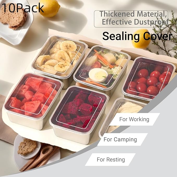 10-Pcs Stainless Steel Leak-Proof Snack Boxs with Lids - Kitchen Seasoning Containers, Restaurant Prep food Bowls - Portable & Easy to Clean (500ML)