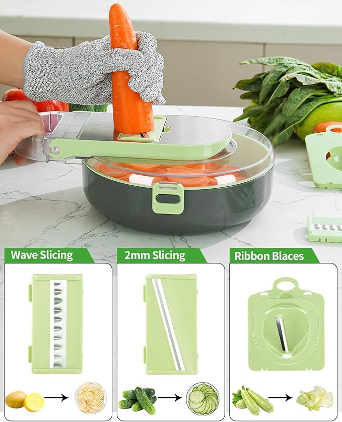 Vegetable Chopper Kitchen Vegetable Slicer & Spiralizer,Manual Mandolin Slicer,Potato Slicer Veg Cutter Salad Julienne,Food Container All in ONE Slicer (Green)