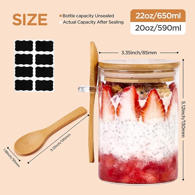 Set of 4 Airtight Glass Jars with Bamboo Lids and Spoons, 22 OZ Overnight Oats Containers with Lids,Glass Food Storage Jars Perfect for Coffee, Tea, Sugar, Spices, Beans, and More