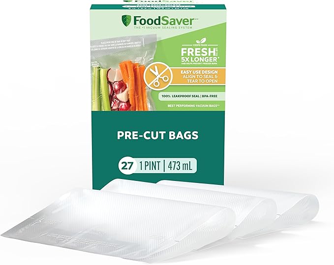 FoodSaver Pint Pre-Cut Vacuum Seal Bags, Easy Use Vacuum Storage Bags, Align to Seal and Tear to Open Vacuum Sealer Storage Bags, 27 Pack