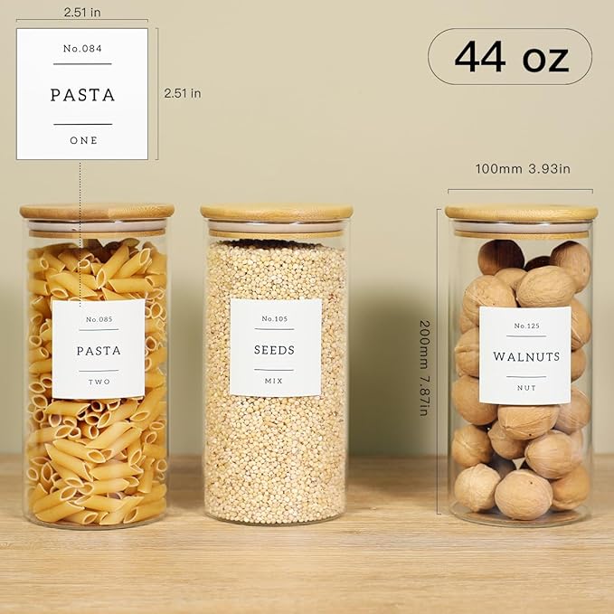 3 Pack Glass Jar with Airtight Bamboo Lid and White 132 Kichen Pantry Labels Preprinted - 44 Oz Clear Tall Glass Food Storage Containers set For Cereal Rice Oat Sugar Tea Coffee Beans