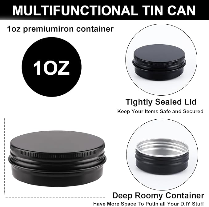 102 Pack Round Cans with Screw Lid 1 OZ Aluminum Metal Tins,for DIY homemade lotion bars, salves, and candles, Balms, Spices, Beard Balm, Crafts with 4 Markers 5 Sheets Label Stickers (Blcak)