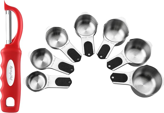Spring Chef Premium Swivel Vegetable Peeler, Red & Stainless Steel Magnetic Measuring Cups, Set of 7, Black - 2 Product Bundle