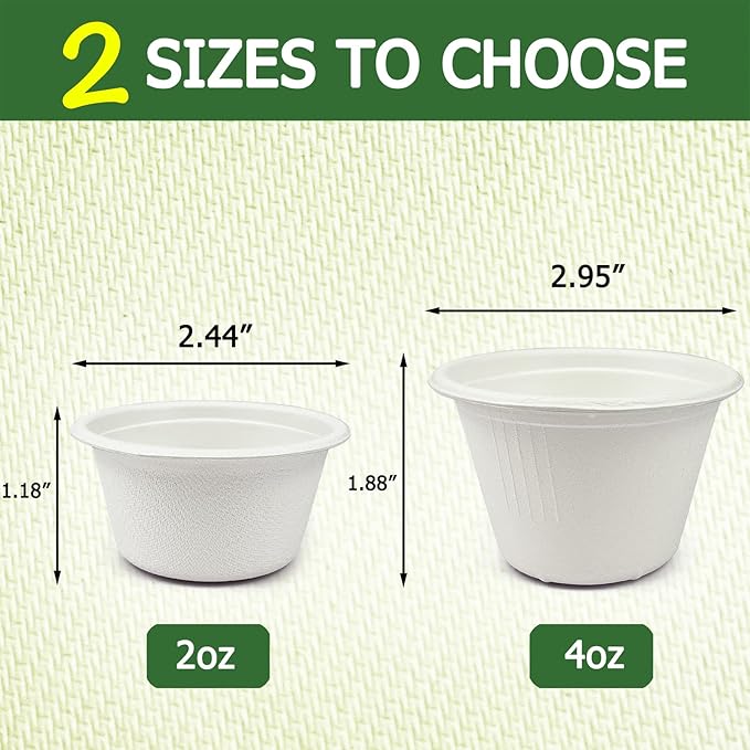 CAMKYDE 4 oz Disposable Bagasse Fiber Souffle Cups 200pk, 100% Natural Biodegradable Compostable Condiment Cups Sample Cup Tasting Cup (White, Pack of 200)