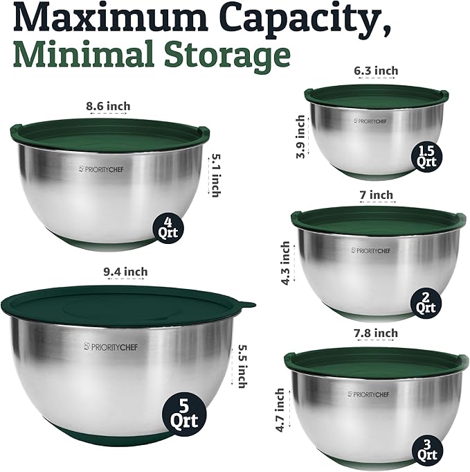 Priority Chef 28Pc Stainless Steel Mixing Bowls with Lids Set, Non-Slip Base, Air Tight Lids, 3 Graters and Utensil Set, Large Metal Nesting Bowls for Kitchen, Green