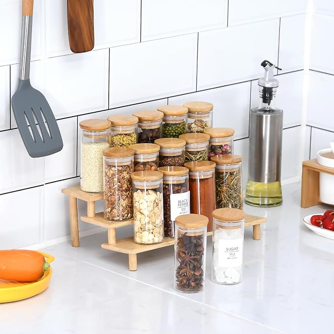 Spice Jars with Label, 20pcs 4 oz Glass Jars with Bamboo Airtight Lids, 200 Printed Spice Labels Waterproof Stickers for Seasoning Containers