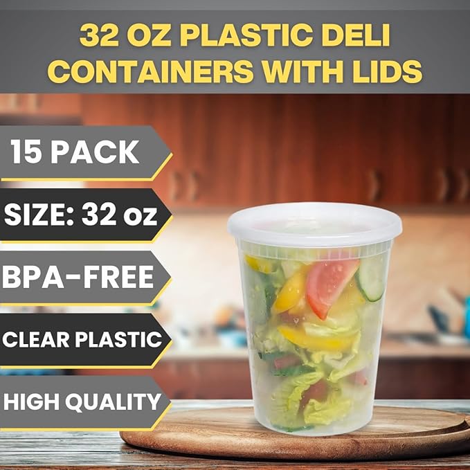Smygoods 32oz Plastic Deli Containers with Lids - 15 Pack - BPA Free - Leakproof - Stackable - Microwave and Freezer Safe - Clear - Lunch Containers for Food Storage