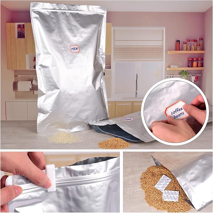 15 Pcs 5 Gallon Mylar Bags for Food Storage, 10.5 Mil Mylar Bags with Oxygen Absorbers 2000cc (15 Single Sealed), Stand-Up Zipper Resealable Bags & Heat Sealable Food Storage Bags + Labels