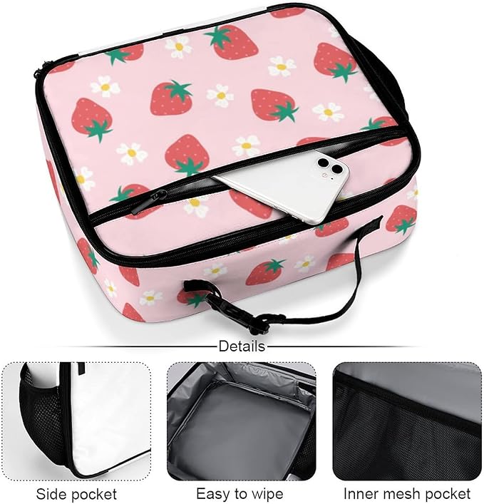 Strawberry Flowers Reusable Lunch Box Insulated Lunch Bag Cooler Bag Lunchbox Meal Food Container Tote Bag for Women Kids Girls School Camping Hiking Picnic Beach Travel