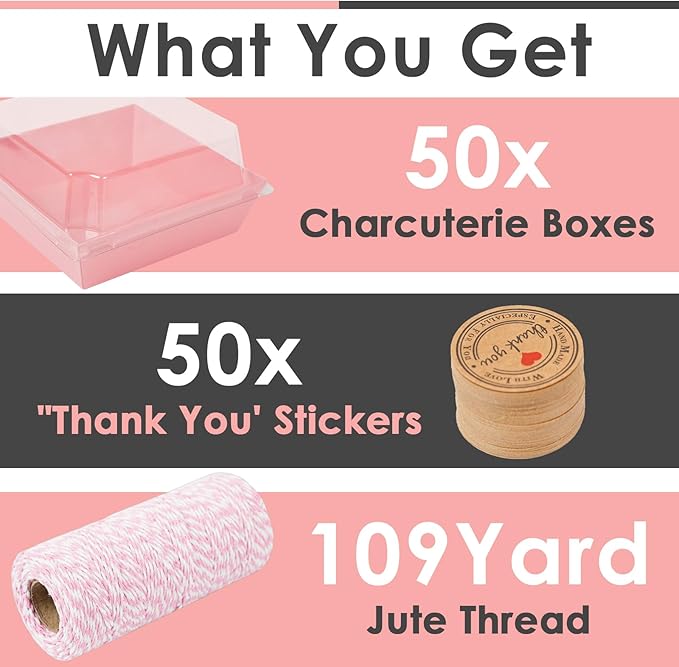 Kosotody 50 Pack Charcuterie Boxes with Clear Lids, 4 Inches Pink Oil-Proof Kraft Paper Food Containers Bakery Boxes for Sandwich, Cookies, Hot Cocoa, Cupcakes and Strawberries