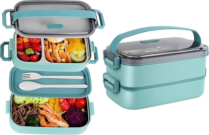 Stainless Steel Bento Box for Adults&Kids,Japanese Leakproof Lunch Box Divided Food Meal Storage Containers Set Stackable 2 Layer for Children School Picnic Matcha Green