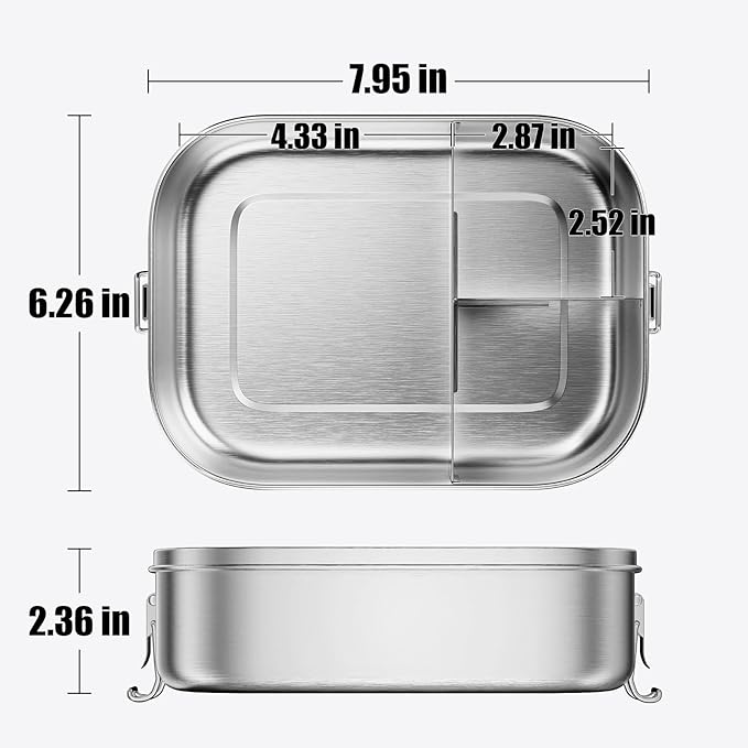 1400ML Stainless Steel Bento Box for Adults, 3-Compartment Metal lunch box with Lockable Clips, 47oz Leak-Proof Food Container for Work, Travel, Dishwasher Safe