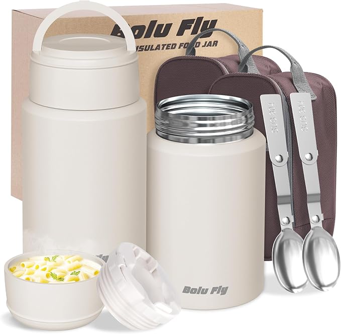 2 Pack Soup Thermo for Hot & Cold Food for Adults, Insulated Food Jar, Stainless Steel Vacuum Thermal Lunch Box Containers with Carry Bag and Spoon (18.5oz, 27oz) (White)