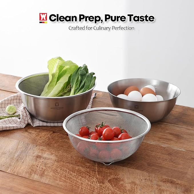 Stainless Steel Mixing Bowl and 3-Legged Colander Set, Multipurpose Kitchen Basket with Fine Mesh Colander, Salad Mixing Bowl with Strainer, Rinsing Vegetables & Fruits (24cm / 9.45")
