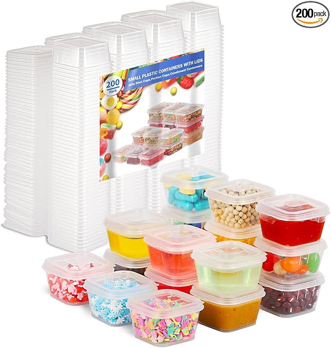 1 oz Square Plastic Containers with Lids(200 Pack), 1oz Clear Condiment Cups with Lids, Small Portion Sauce Cups for Salad Dressing, Lunch