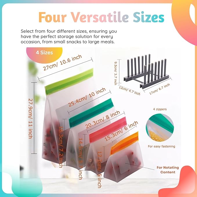 Reusable Silicone Food Storage Bags – 10-Pack Stand-Up, BPA-Free, Freezer, Dishwasher Safe & Eco-Friendly – 5 Gl, 5 L Bags – Airtight Leakproof Silicone Ziplock Bags for Kitchen Storage (Multicolor)