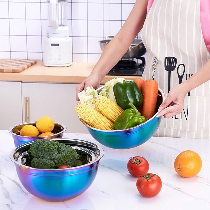 Rainbow Mixing Bowls,Stainless Steel Bowl, Salad Bowls 4 Piece Colorful Nesting Bowl Rainbow Kitchen Accessories,Deep bowls,large mixing bowls 1.5,2.1,3.6,7QT