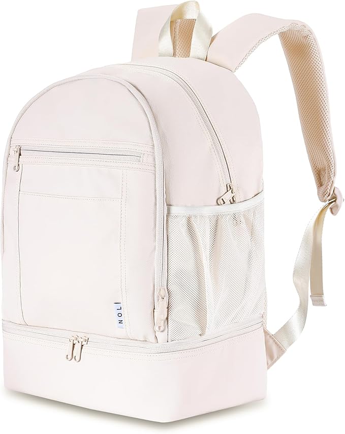 NOL Natural Organic Lifestyle Kids 2-in-1 Backpack & Insulated Lunch Bag-16 Multi-Functional Large Compartments Backpack for School & Travel, Double Deck, Water Resistant, Leak-proof, Padded (Cream)