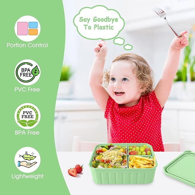 Bento Lunch Box for Kids-Reusable Silicone Kids Bento Box Lunch Container Leakproof Lunchbox Meal Prep Food Storage Containers with 3 Removable Compartments–Dishwasher Safe/BPA Free/Portion Control