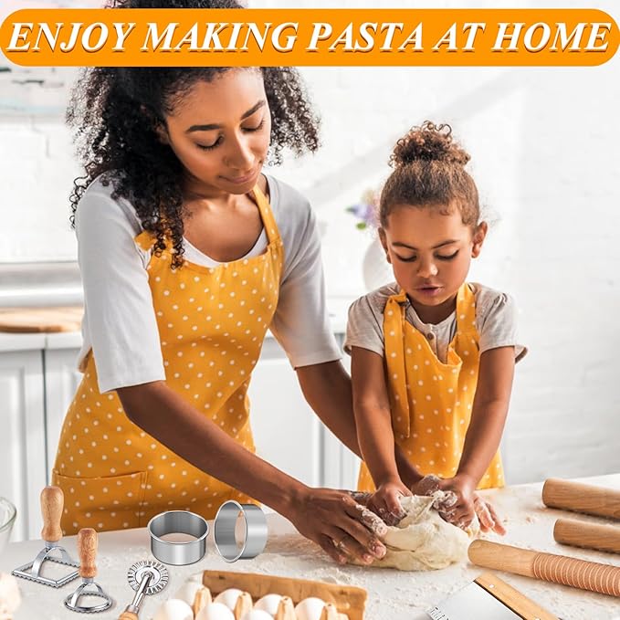 Pasta Making Tools, 10 Pcs Wood Pasta Making Kit with 3 Rolling Pins, 1 Gnocchi Board, 1 Dough Cutter, 1 Ravioli Cutter, 2 Pasta Stamps, 2 Round Cutter, Ravioli Pasta Cutter Set for Pasta Maker