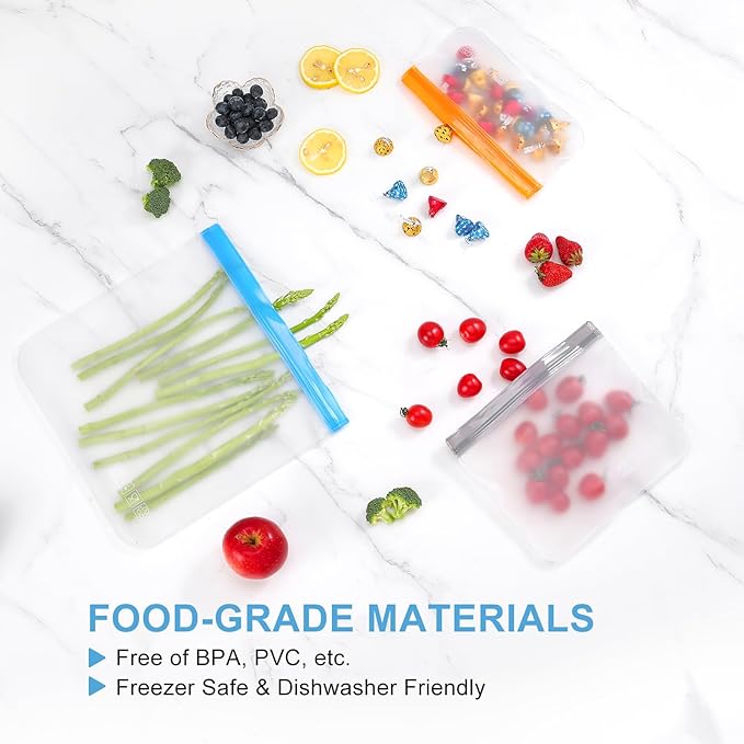 Lerine Dishwasher Safe Reusable Bags, Leakproof Reusable Freezer Bags, BPA Free Food Storage Bags for Lunch Marinate Food Travel (Grey, 28 Pack-10 Gallon 10 Sandwich 8 Snack)