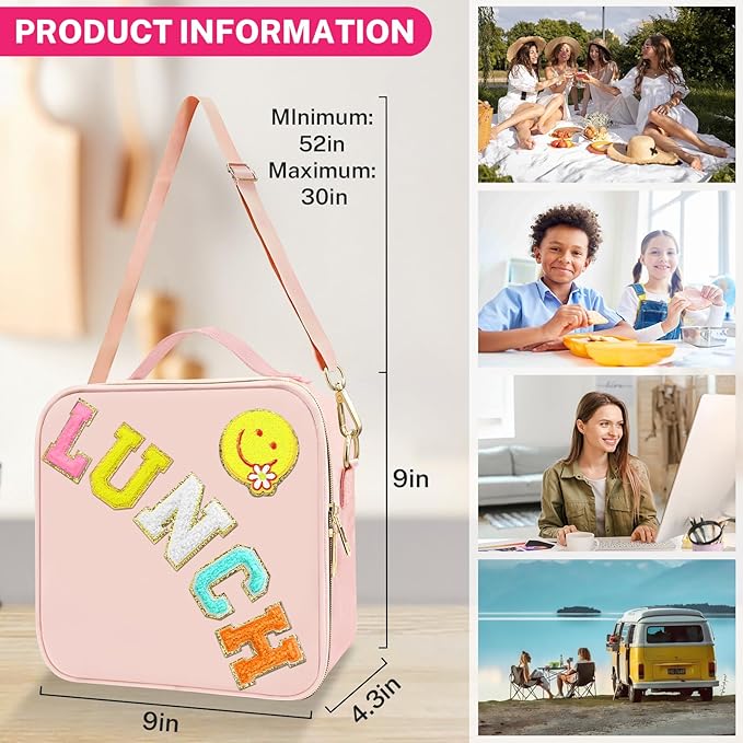 Insulated Girls Lunch Box, Preppy Lunch Box for Teen Girls, Cute Girls Lunch Bag for Kids, Large Reusable Cute Cooler Bag with Adjustable Shoulder Straps,Perfect for School Travel Picnic(Pink)