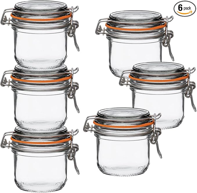 Le Parfait Super Terrine Jar | 7oz/Half Pint (Pack of 6) 200ml French Glass Jar, Airtight Rubber Seal & Glass Lid | Glass Jars for Kitchen Organization and Storage Containers for Essentials
