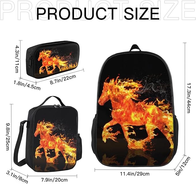 Horse Backpack Bundle 3 Pieces - Flame Horse Backpacks for Teens, Boys & Girls Includes Bookbags, Insulated Lunch Bag & Pencil Case - Perfect for School & Everyday Use
