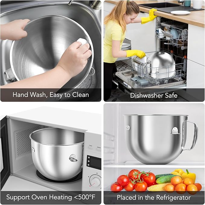 7 QT Food-Grade 304 Stainless Steel Mixer Bowl fit for KitchenAid Bowl-Lift Stand Mixer, Mixing Bowl with Anti-slip Handle & Lid for Kitchen Aid 7 Quart Mixer