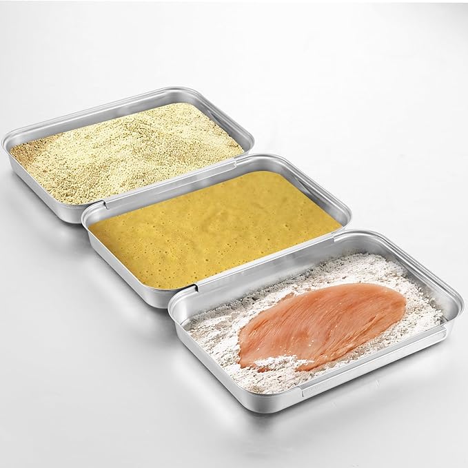 3 Pcs Breading Trays Set, Large Breading Pans, Stainless Steel Breading Set for Marinating Meat, Chicken, Fish, Food Prep Trays, Coating Trays Can Be Used to Baking Cake, Oven Safe