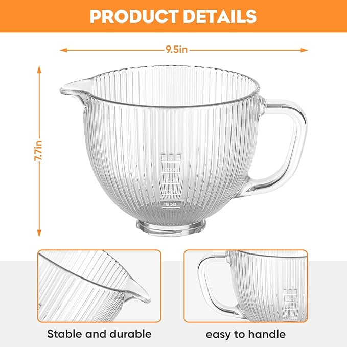 Cofun Glass Mixer Bowl For Kitchenaid Tilt-Head Stand Mixers 4.5-5 Quart, 5 qt Mixing Bowl Replacement For Kitchen aid With Measurement Markings,Handle