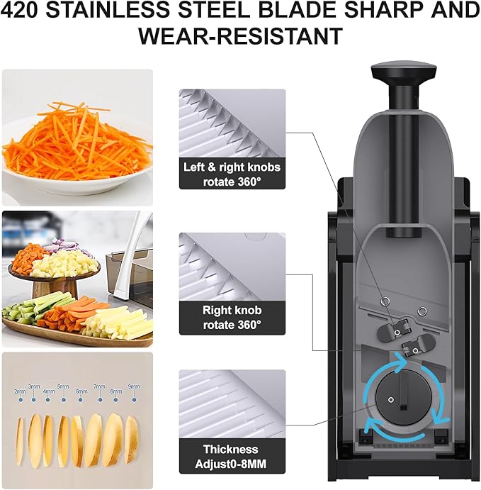 5 in 1 Safe Mandoline Slicer for Kitchen, Safe Vegetable Chopper, Paring Knife, Adjustable Thickness, Easy to Clean, Vegetable Slicer, Slicing, Strips, Shredding, Dicing, Chop (Black Knight)