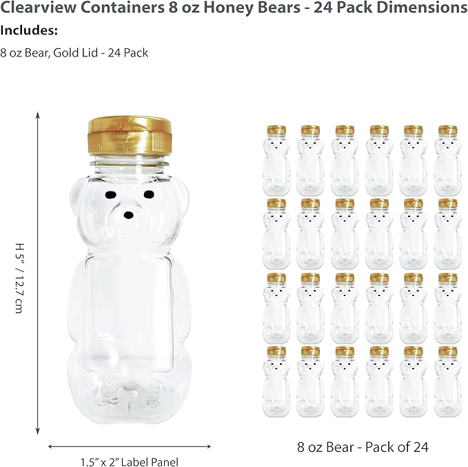 24 Pack of 8 Ounce Honey Bears with Sealable Gold Flip Top Lids (8 oz. Bear, 24pk, Gold)