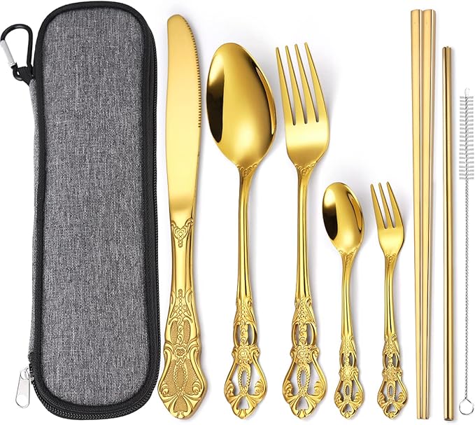 AARAINBOW 7 Pieces Stainless Steel Flatware Set Portable Reusable Cutlery Set Travel Utensils Set Including Chopsticks Knife Fork Spoon Straws Cleaning Brush Dishwasher Safe (G-Golden)
