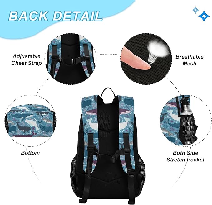 Marine Whales Kids Backpack for Girls Boys School Bookbag with Insulated Lunch Box for Elementary Students Middle School Teen Girls Backpacks