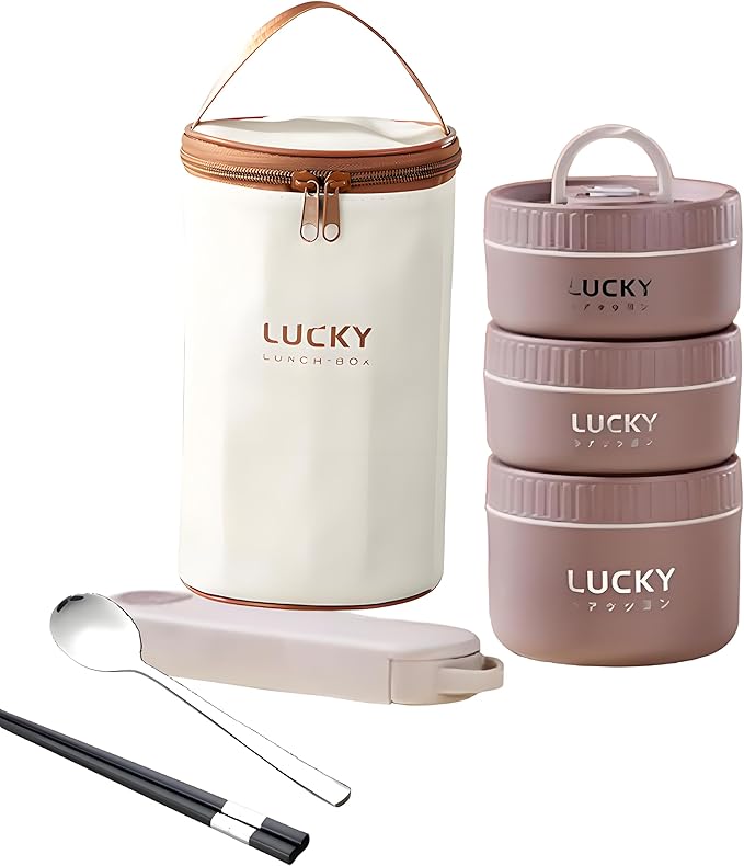 Stainless Steel Lunch Box, 3-Tier Insulated Bento Box Microwave Safe Soup Bowl for Adults, Thermal Food Container for Office Workers, (Brown, 3pcs, Tableware, Insulated Bag)